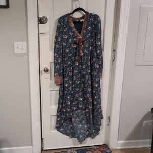 Promesa Green and Copper Velvet Trimmed Dress